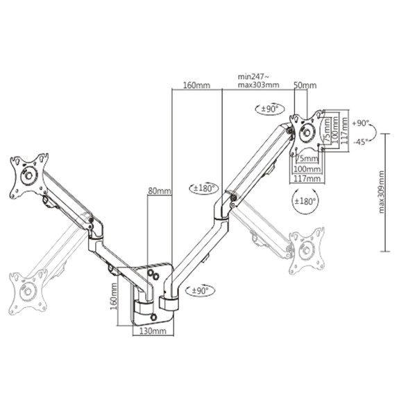 Gembird adjustable wall 2-display mounting arm 17”-27”, up to 7 kg MA ...