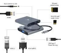 Picture of Gembird USB Type-C 6-in-1 multi-port adapter  (Hub3.1+HDMI+VGA+PD+card reader+stereo audio) A-CM-COMBO6-01